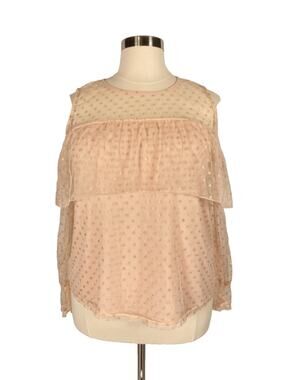 1X Boutique Polka Dot Baby Pink Gold ruffle mesh cold shoulder lined blouse